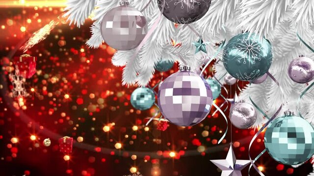 Animation of christmas boubles with presents, snow and stars falling over red background