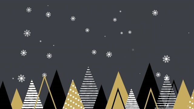 Animation of snow falling and christmas trees over grey background