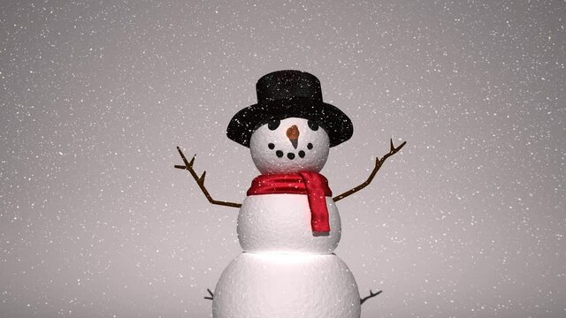 Snow falling over snowman wearing a hat against grey background