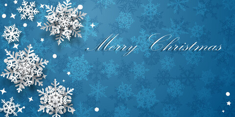 Christmas background of paper snowflakes with soft shadows, white on light blue background with falling snow