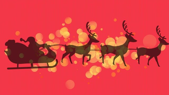 Yellow spots of light over santa claus in sleigh being pulled by reindeers on red background