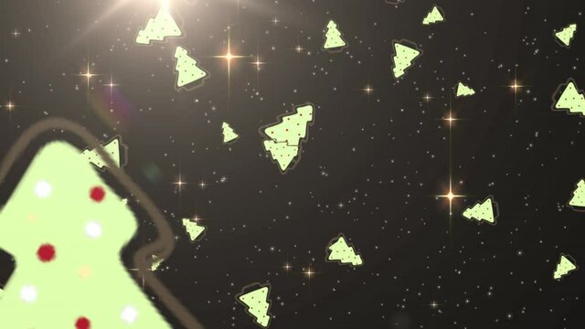 Animation of christmas trees and shining stars over dark background