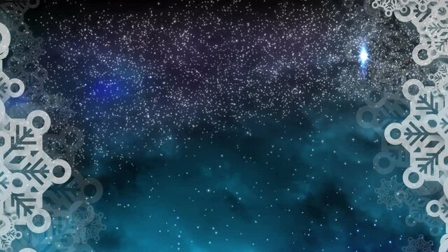 Animation of first star over snow falling on dark background