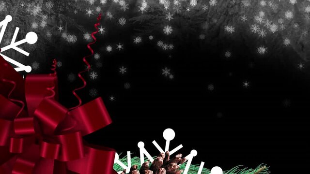Animation of christmas decorations, snow falling over dark background