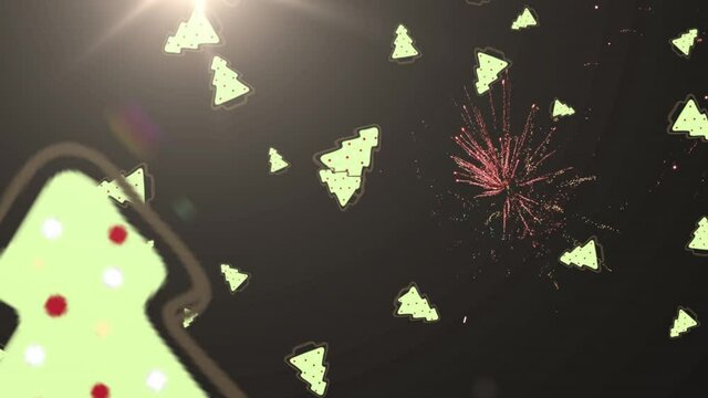 Animation of christmas and fireworks over dark background