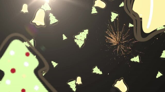 Animation of christmas trees, bells and fireworks over dark background