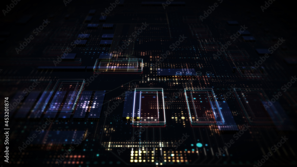 Aufkleber Neon printed circuit board futuristic server/3d illustration. Colored background with digital integrated network technology. Technology background. Neon. 3d illustration