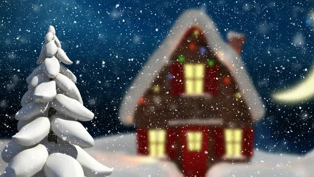 Animation of winter scenery with decorated house on blue background