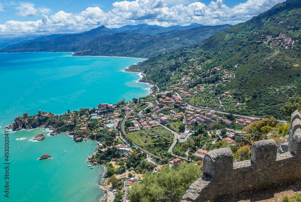 Poster Ruins of castle on La Rocca mountain in Cefalu town on Sicily Island in Italy