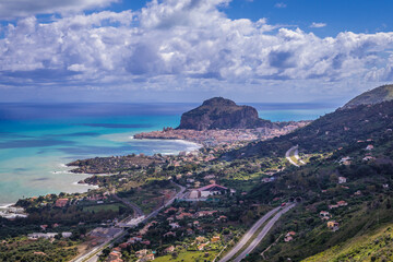 Distance view of La Rocca mount in Cefalu city, Sicily Island in Italy