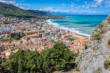 Fototapeta na wymiar View from La Rocca mountain in Cefalu city on Sicily Island in Italy