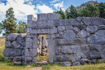 Fototapeta na wymiar Ruins of temple of Diana on La Rocca mountain in Cefalu on Sicily Island in Italy
