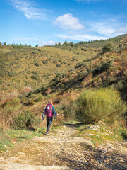 Fototapeta premium Pilgrim Girl Hiking down a Hill outside Molinaseca Spain along the Way of St James Pilgrimage Trail Camino de Santiago
