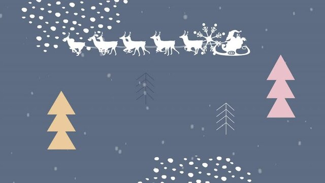 Animation of fir trees and santa in sleigh with reindeer on blue background