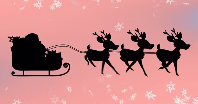Animation of santa in sleigh with reindeer over snow falling
