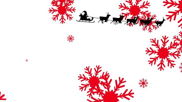 Animation of santa in sleigh with reindeer on white background