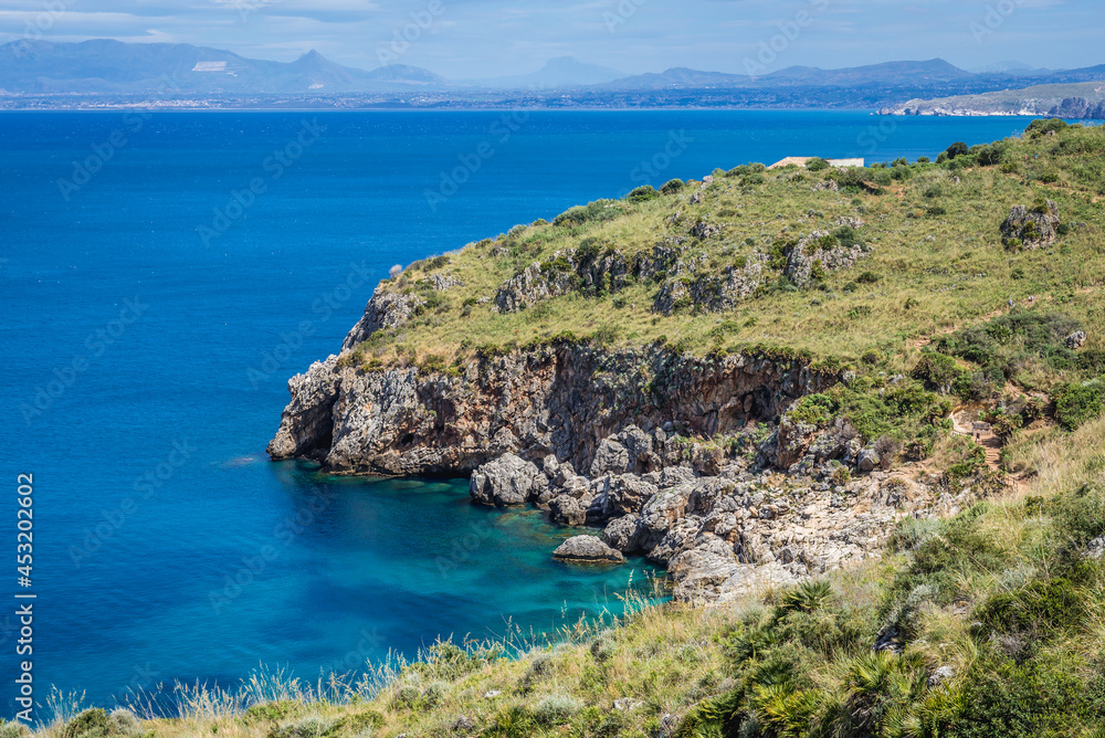 Wall mural View in Zingaro natural reserve on the shore of Castellammare Gulf on Sicily Island in Italy