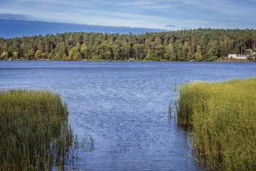 Wielkie Parteczyny Lake and water canal, connection with Lake Debno in area of Brodnica Lakeland, Poland