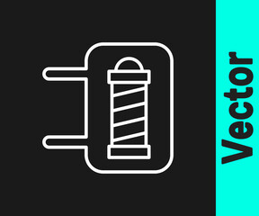 White line Classic Barber shop pole icon isolated on black background. Barbershop pole symbol. Vector