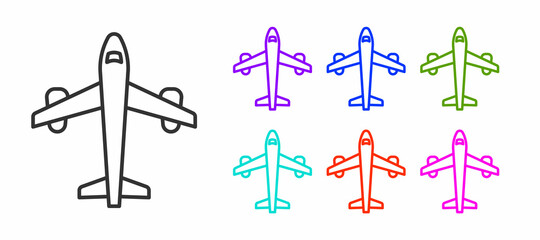 Black line Plane icon isolated on white background. Flying airplane icon. Airliner sign. Set icons colorful. Vector