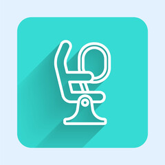 White line Airplane seat icon isolated with long shadow background. Green square button. Vector