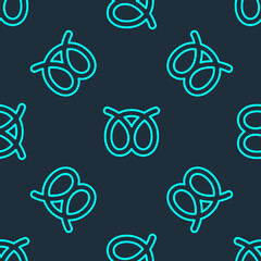 Green line Pretzel icon isolated seamless pattern on blue background. German comfort food pastry. Oktoberfest festival. Vector