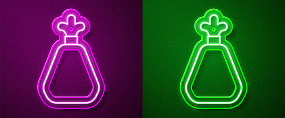 Glowing neon line Garbage bag icon isolated on purple and green background. Vector