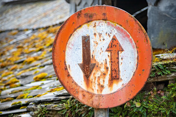 Antique Spanish Road Street Sign with Arrown along the Way of St James Pilgrimage Trail Camino de Santiago