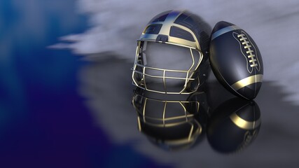 American football Gold-Black helmet and Gold-Black Ball with dark black toned foggy smoke under blue sky lighting. 3D illustration. 3D high quality rendering.