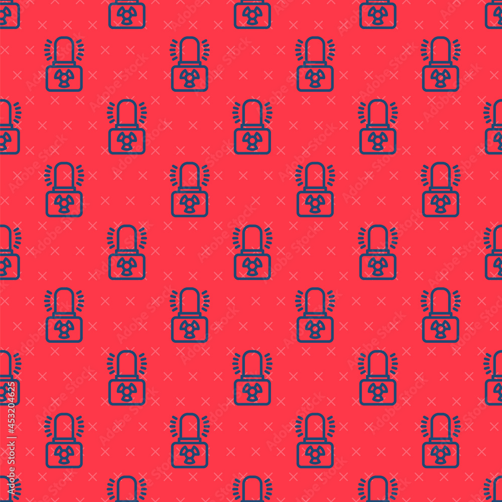 Poster blue line radioactive warning lamp icon isolated seamless pattern on red background. vector