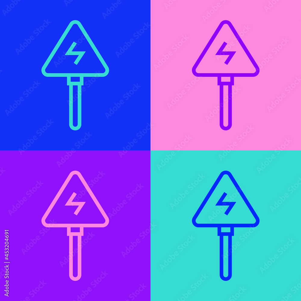 Poster Pop art line High voltage sign icon isolated on color background. Danger symbol. Arrow in triangle. Warning icon. Vector
