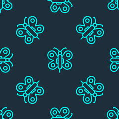 Green line Butterfly icon isolated seamless pattern on blue background. Vector