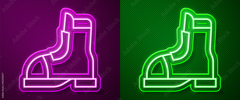 Sticker Glowing neon line Hunter boots icon isolated on purple and green background. Vector