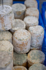 Small pieces of matured goat cheese on French farmers market