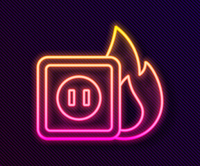 Glowing neon line Electric wiring of socket in fire icon isolated on black background. Electrical safety concept. Plug outlet on fire. Vector