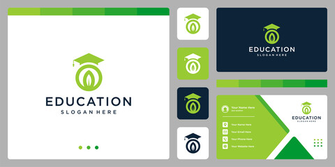 College, Graduation cap, Campus, Education logo design with nature leaf graphic vector illustration. Symbol, icon, creative.	