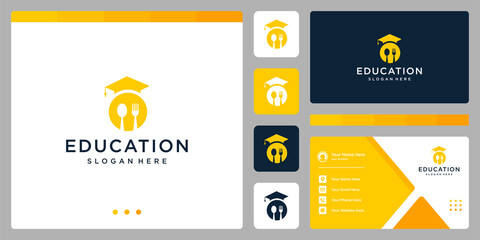 College, Graduation cap, Campus, Education logo design with tableware graphic vector illustration. Symbol, icon, creative.
