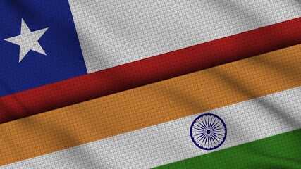 Chile and India Flags Together, Wavy Fabric, Breaking News, Political Diplomacy Crisis Concept, 3D Illustration