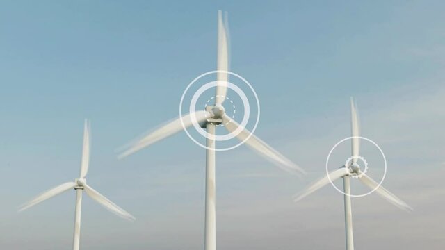 3d render. Wind farm or wind park, in the meadow field are one of the cleanest, renewable electric energy source. with high wind turbines for generation electricity. Green energy concept.