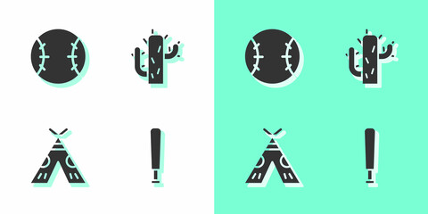 Set Baseball bat, , Indian teepee or wigwam and Cactus icon. Vector © Kostiantyn
