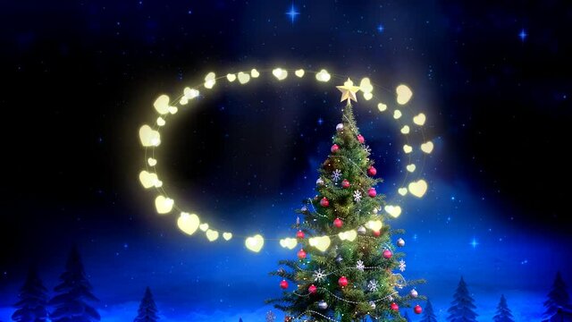 Animation of fairy light frame with copy space over fir trees and winter scenery