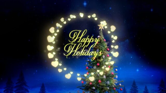 Animation of happy holidays text in fairy lights frame over fir trees and winter scenery