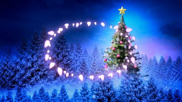 Animation of fairy light frame with copy space over fir trees and winter scenery
