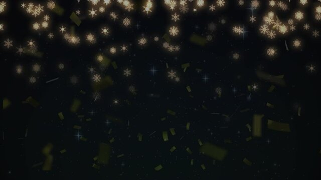 Animation of confetti and snowflakes over black background