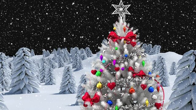 Animation of snow falling over christmas tree and winter landscape