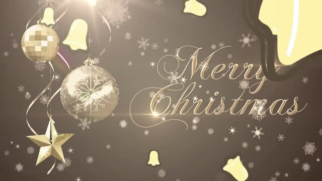 Animation of merry christmas text over falling snow and bells