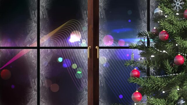Christmas tree and wooden window frame against digital wave and spots of light on black background