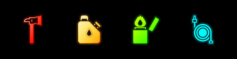 Set Firefighter axe, Canister fuel, Lighter and hose reel icon. Vector