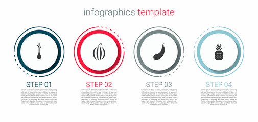 Set Fresh green onions, Watermelon, Eggplant and Pineapple. Business infographic template. Vector