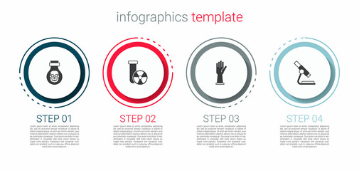 Set Poison in bottle, Test tube radiation, Medical rubber gloves and Microscope. Business infographic template. Vector